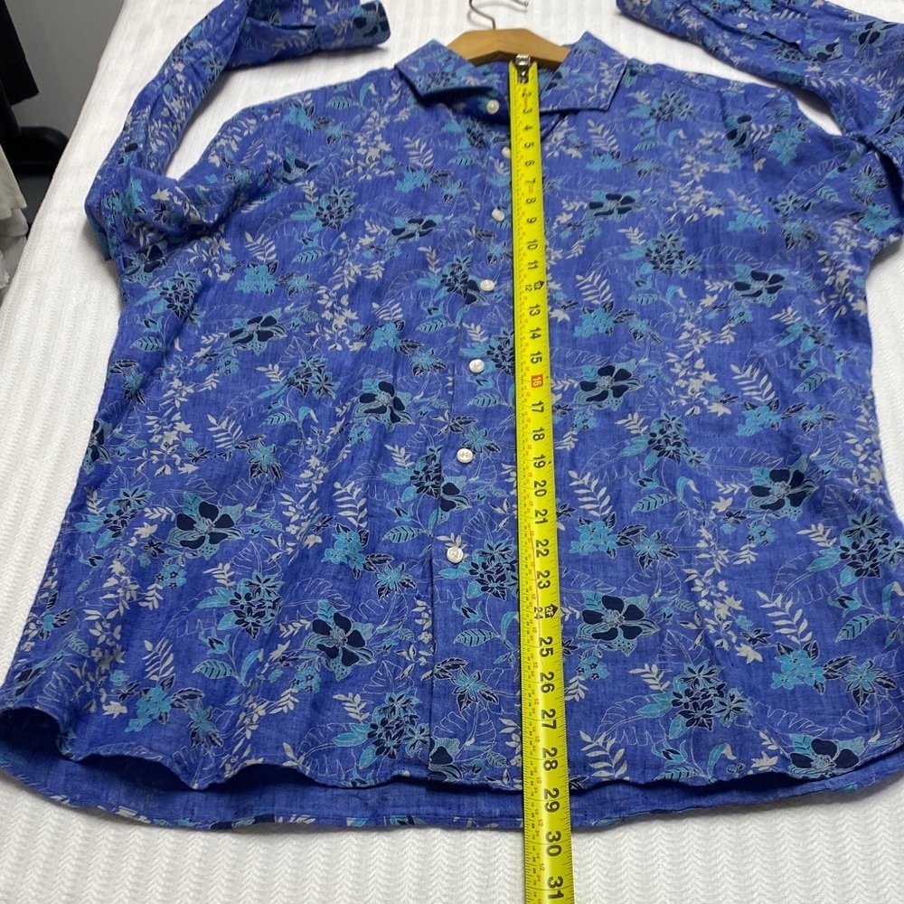 Linen Tropical Floral Shirt Buttondown Resortwear Modern Contemporary Blue Small - Picture 9 of 9